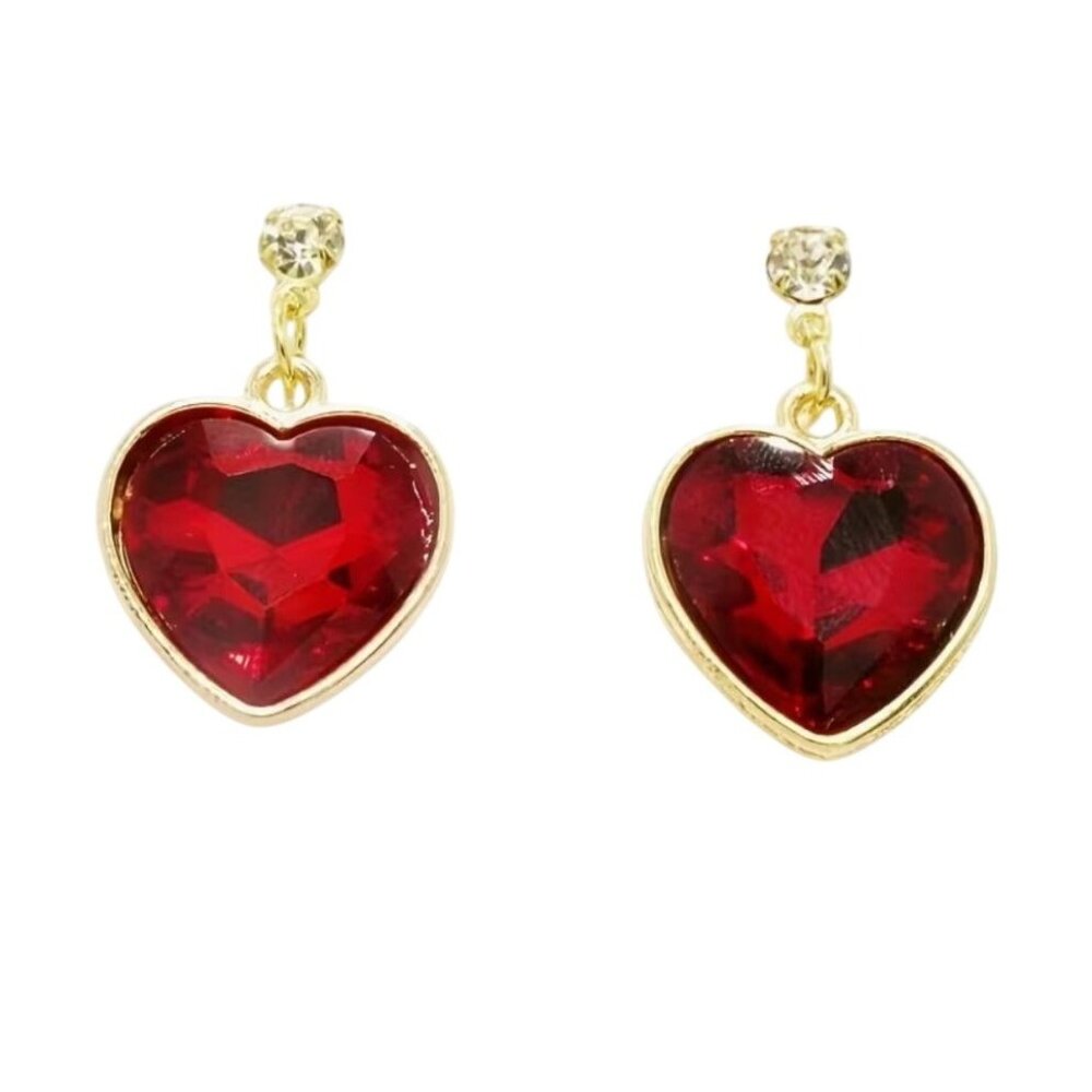 Betsey Johnson Red Glass Heart Dangle Earrings Gold Tone